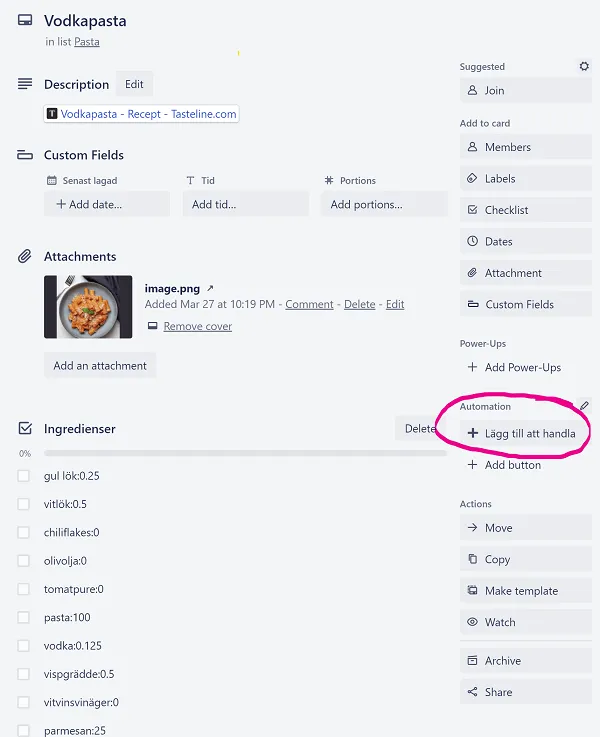 A recipe card with an ingredient list and custom automation button