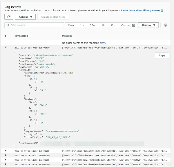 CloudWatch logs for all DynamoDB stream events