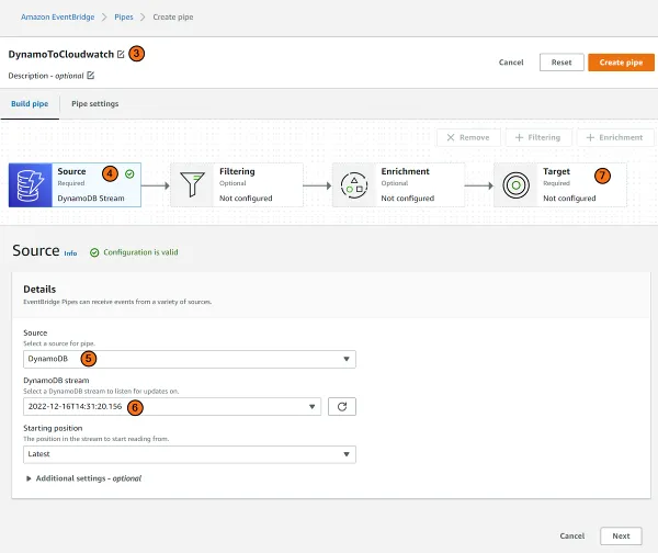 Set EventBridge pipe name and source