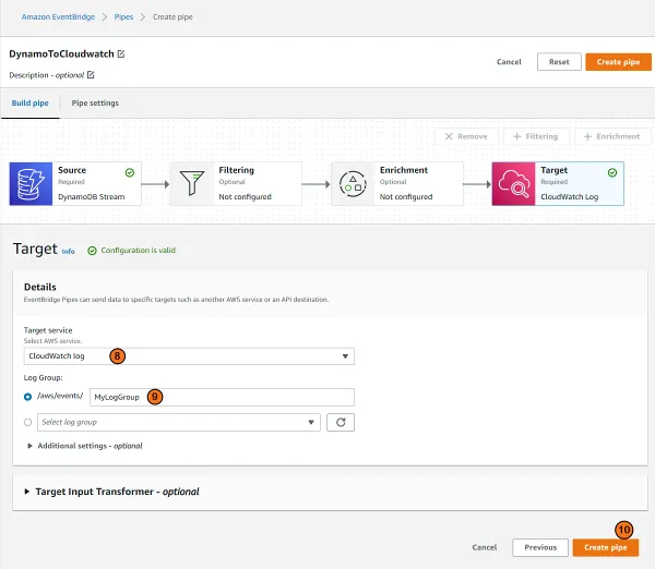 Set EventBridge pipe target