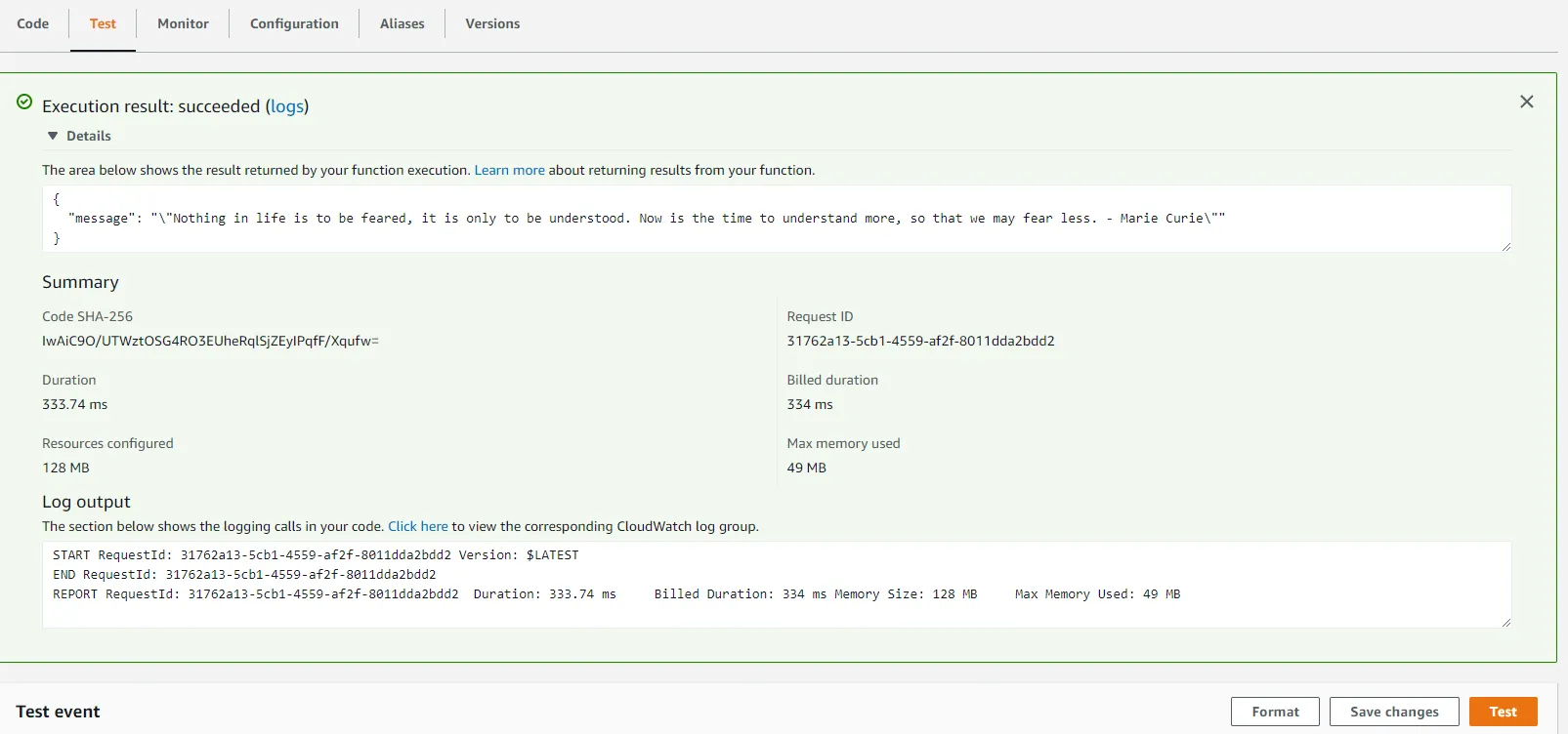 The Lambda executed successfully and gave us a beautiful quote by Marie Curie.