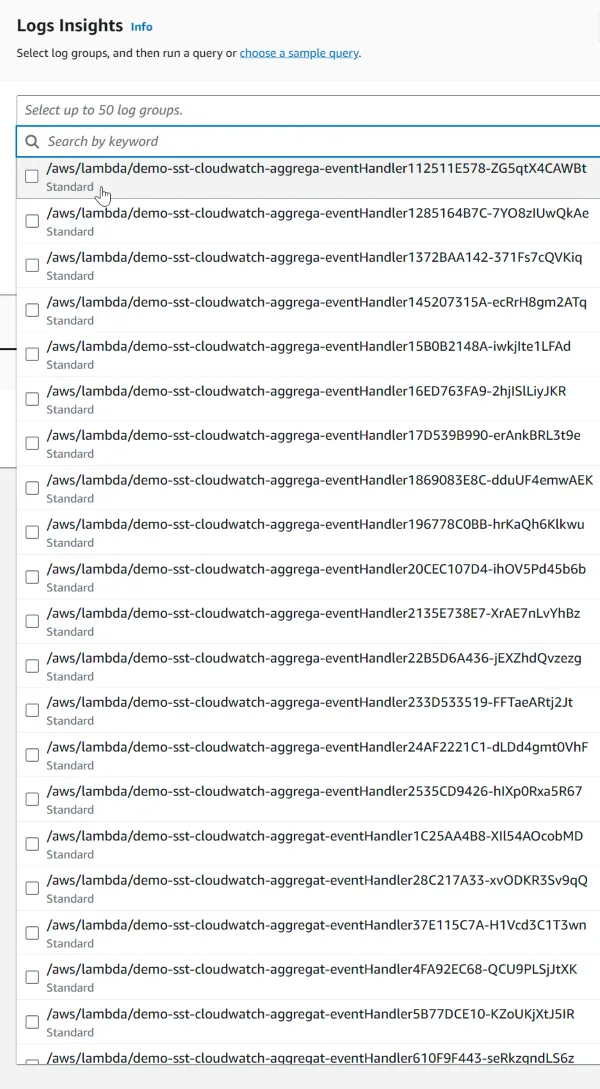 The log groups for the API Gateway and all Lambda functions.