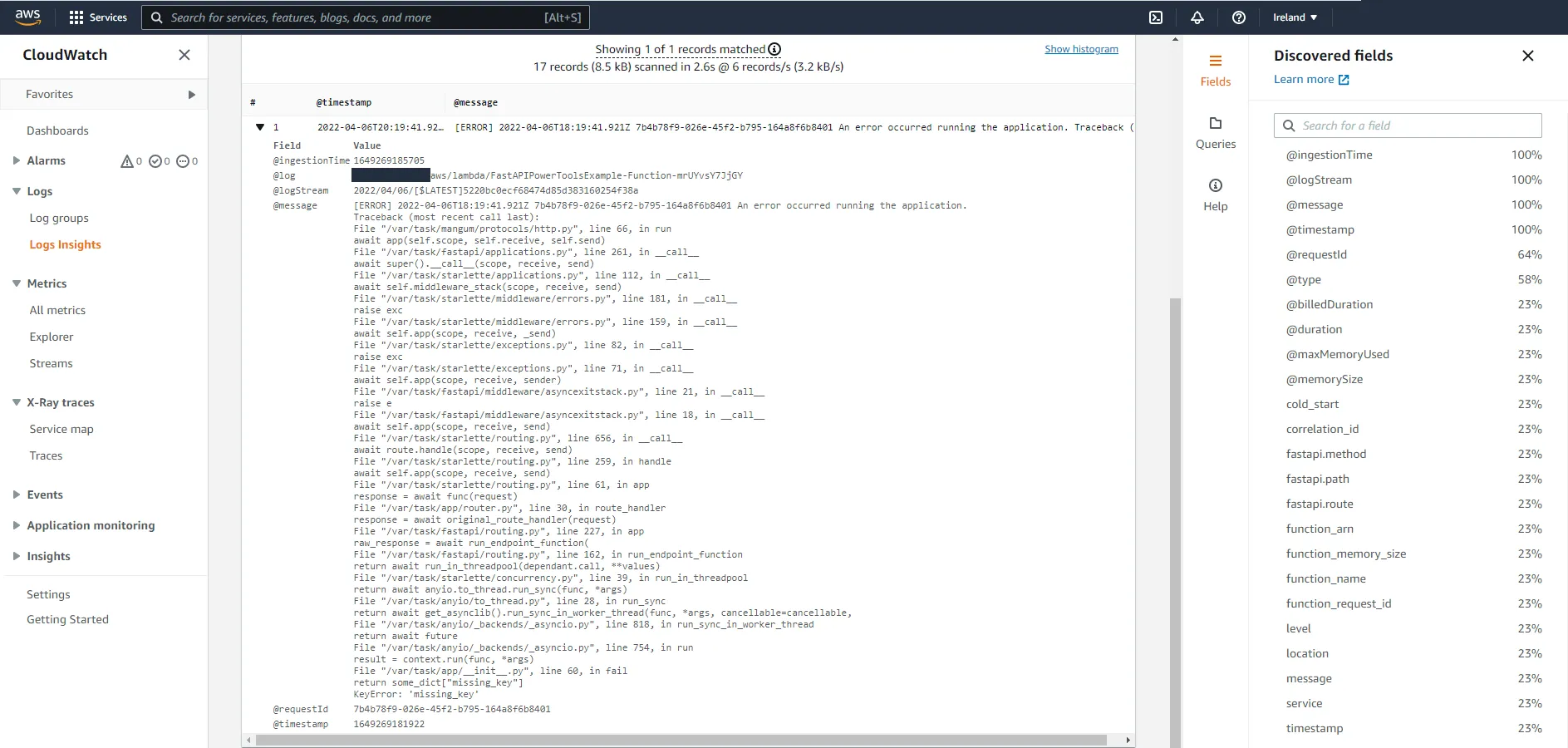 CloudWatch logs with exception without any filterable keys
