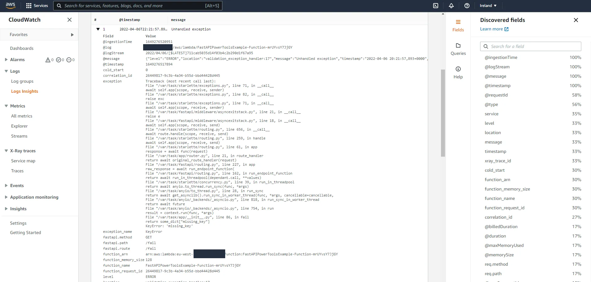 CloudWatch logs with exception and filterable keys