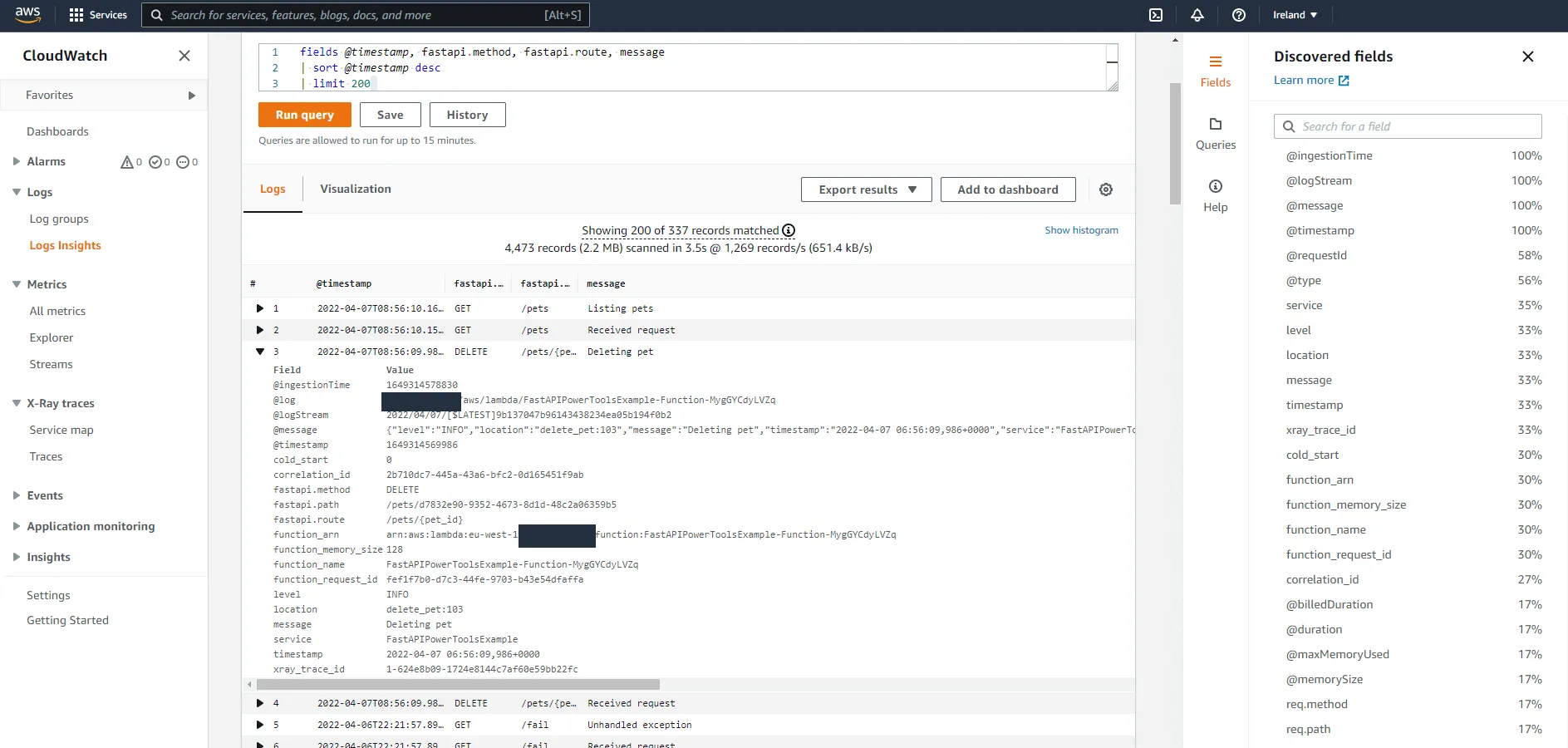 CloudWatch logs with FastAPI context