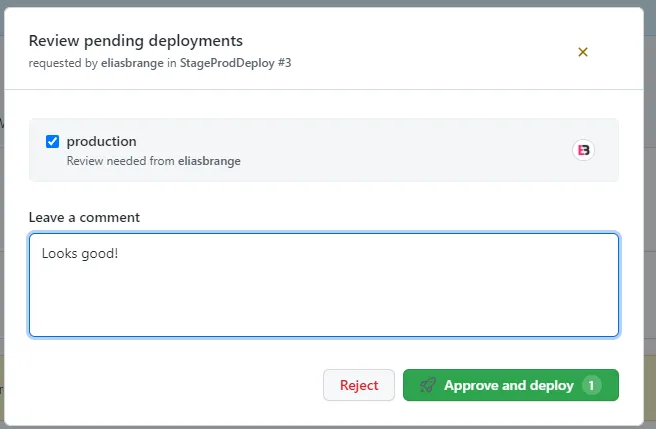 The approval screen allows you to approve or deny a deployment.