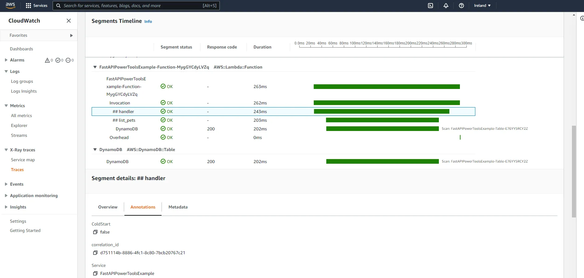 AWS X-Ray segment with correlation ID annotation