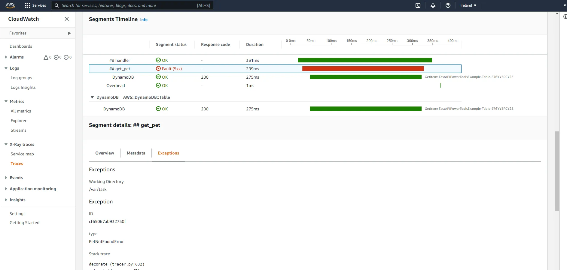 AWS X-Ray exception details