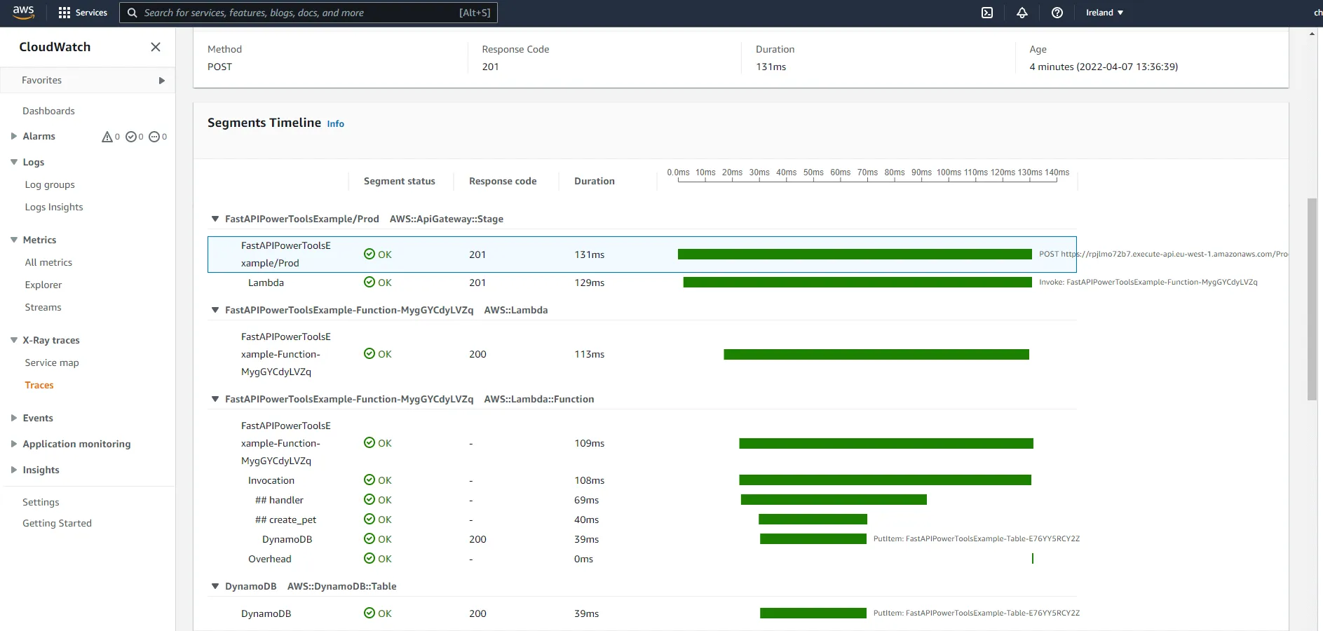 AWS X-Ray segments timeline