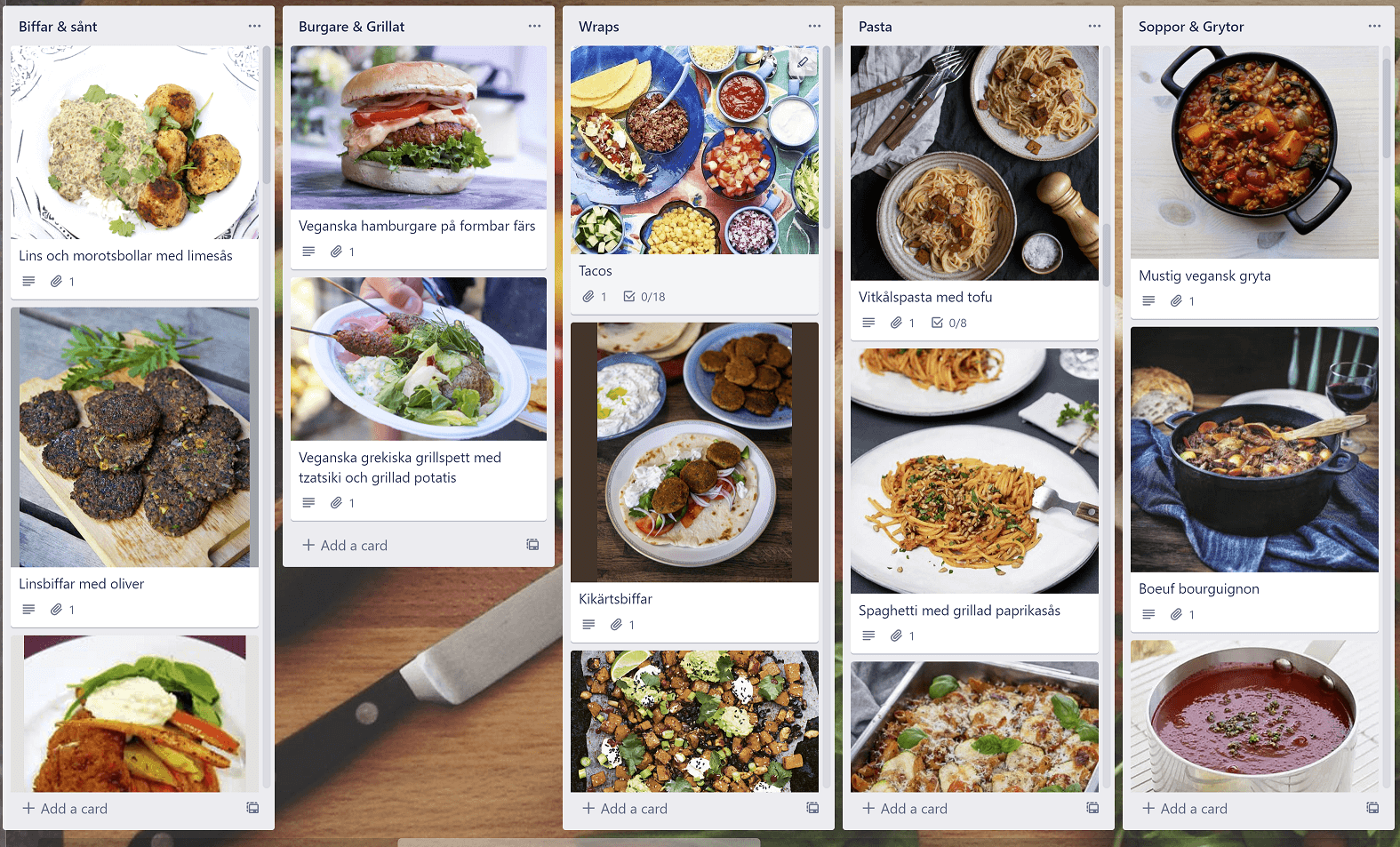Trello board with recipe lists for different types of dishes