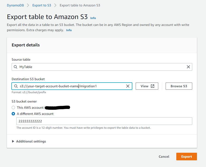 Configure the destination bucket for your S3 export