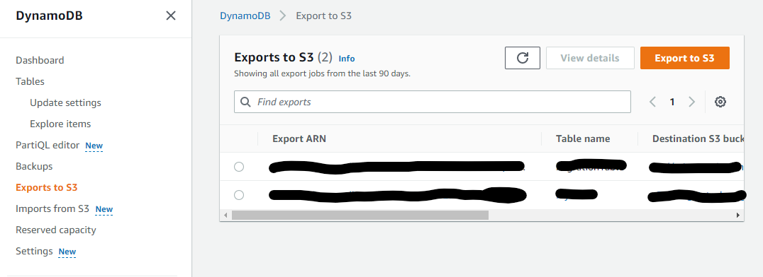 DynamoDB Export to S3 console