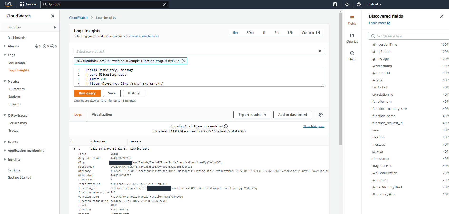 CloudWatch logs with correlation ID