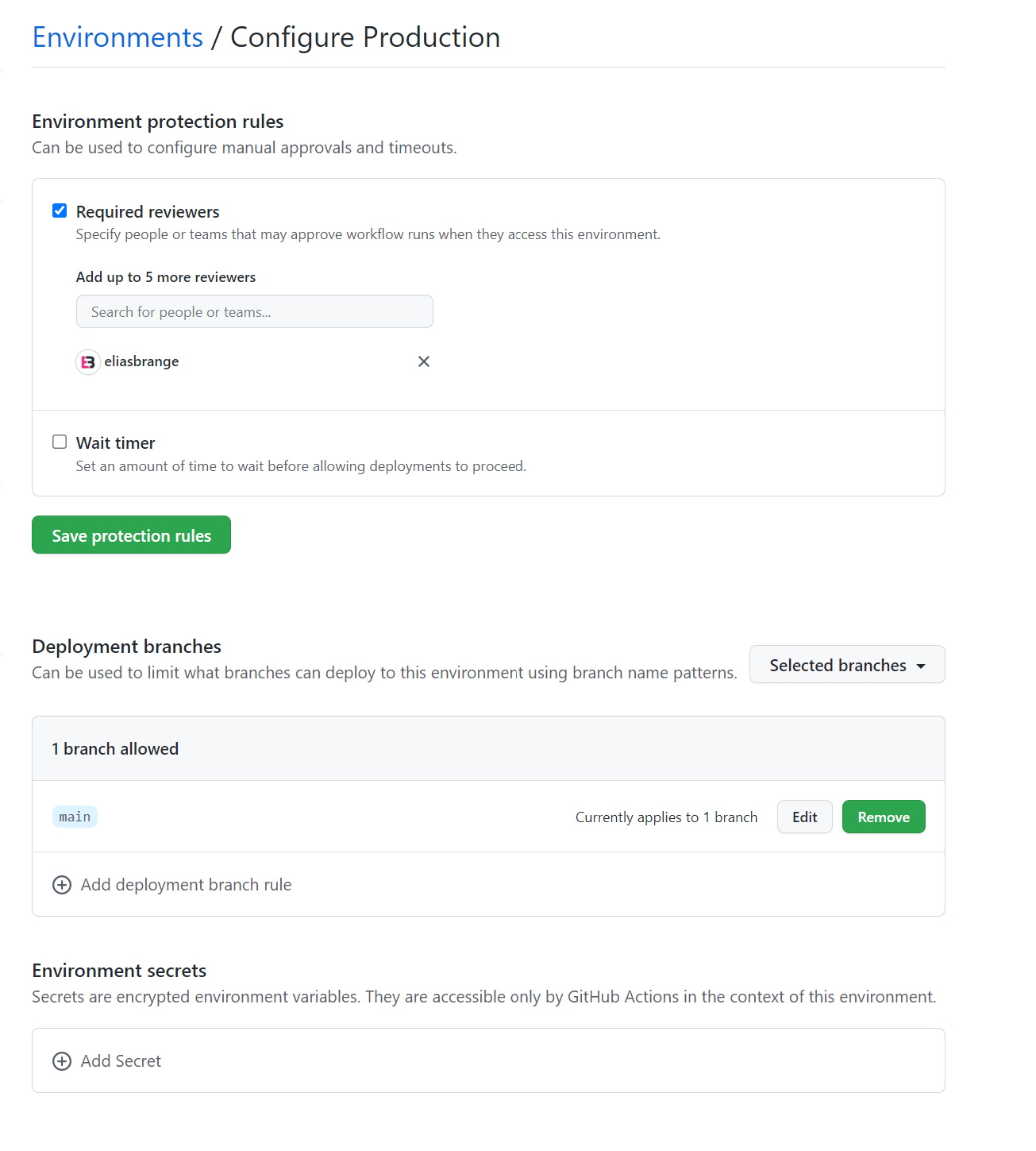 GitHub Environment: Production settings